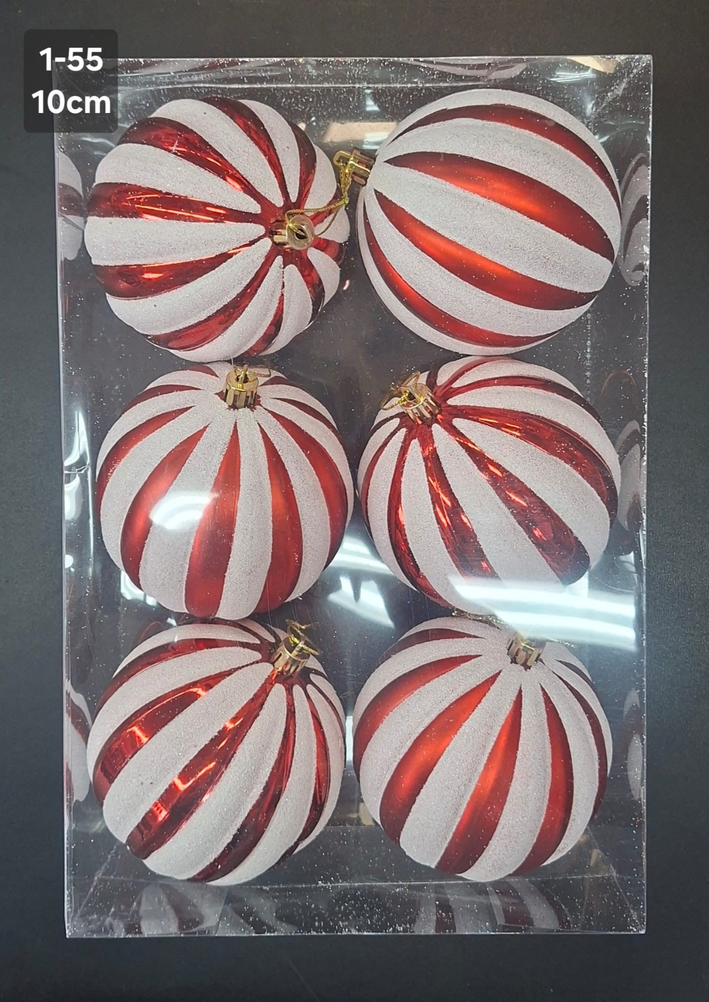 Set 6 Globuri de Crăciun Roșii cu Dungi Albe și Sclipici, Model Spiralat - 10cm